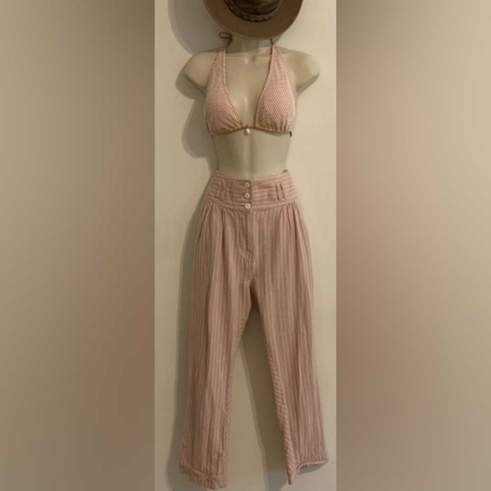 Free People Blush Pink striped High-Rise cotton double belt loops pleated front